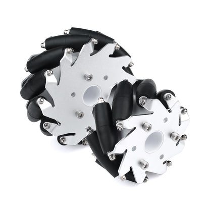 YFROBOT Metal Mecanum wheels, 100mm in size, come in a set of four with couplings included.
